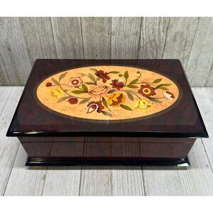 Vtg San Francisco Music Box Company Jewelry Inlaid Lacquered Wood Floral Design